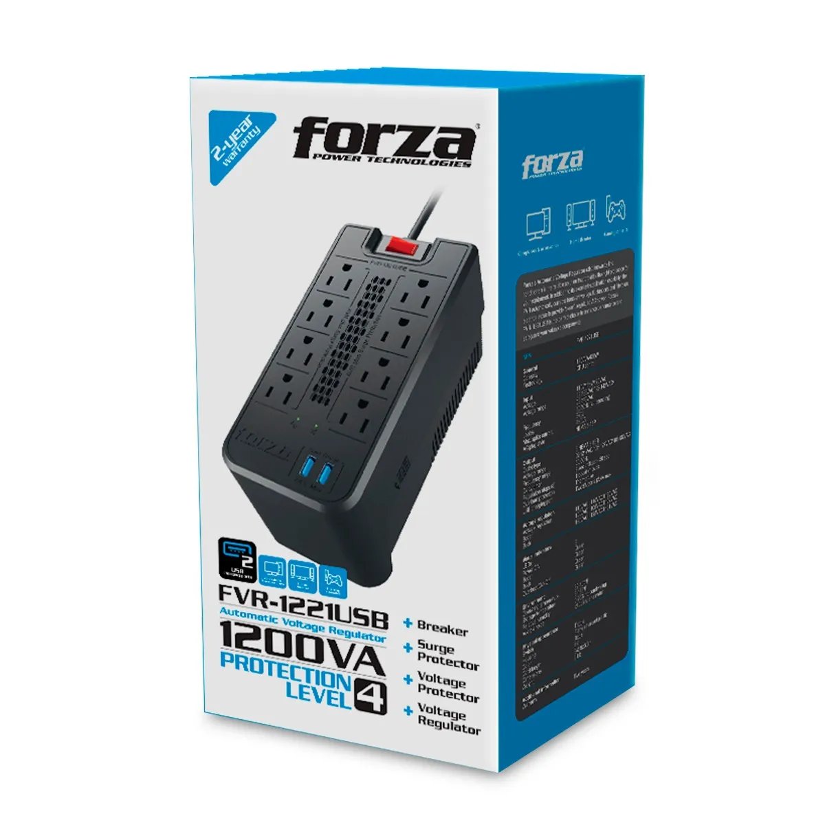 ESTABILIZADOR 8T FORZA FVR-1222 USB, 1200va, 600w